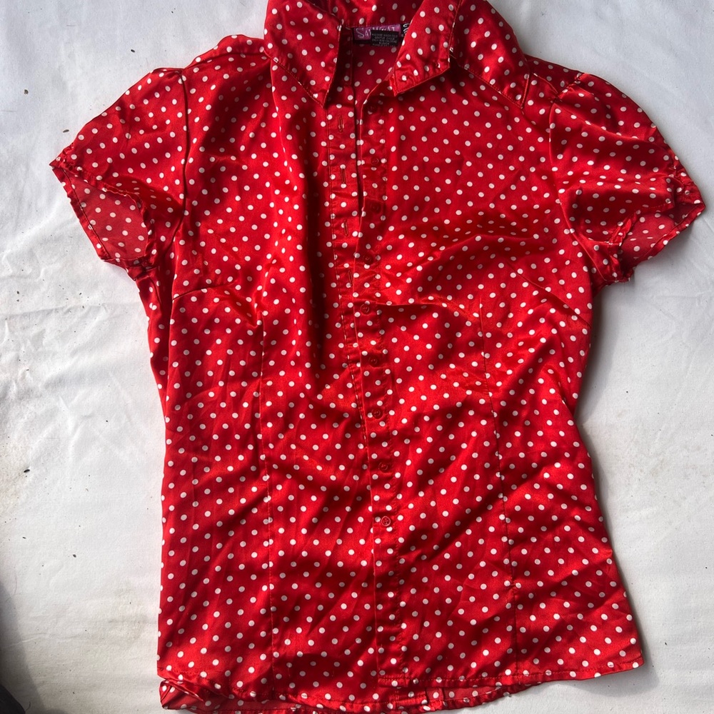 Satin red polka dot blouse